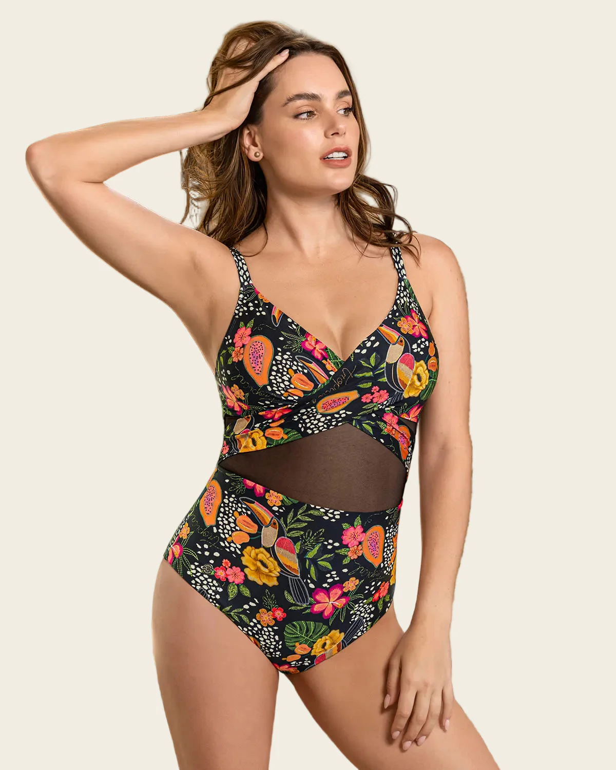 Graphic One Piece Swimsuit with Tulle Details