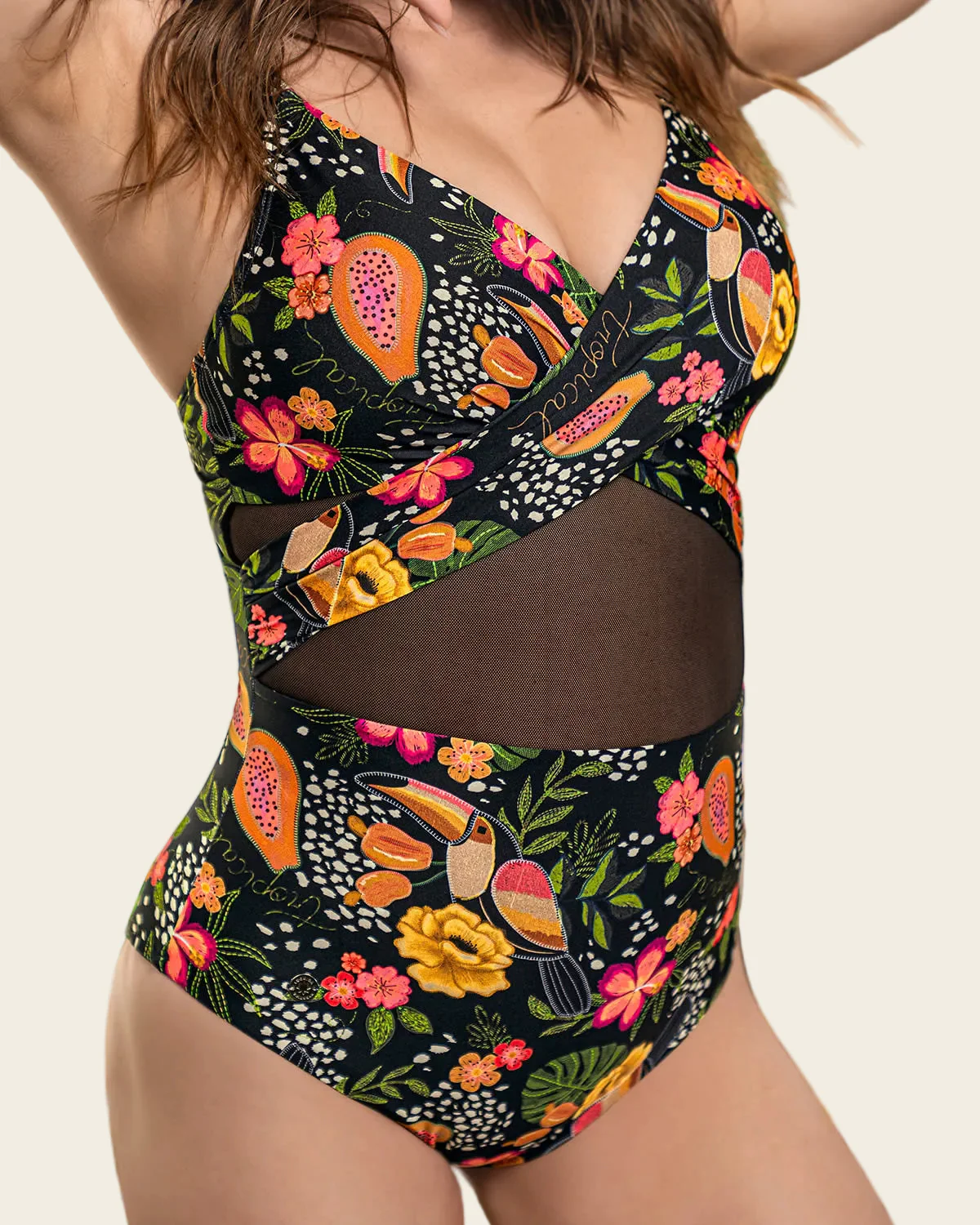 Graphic One Piece Swimsuit with Tulle Details - Image 3