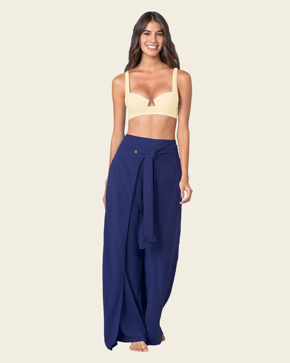 Linen Style Wide Leg Pants - Tie-front, stretchy back