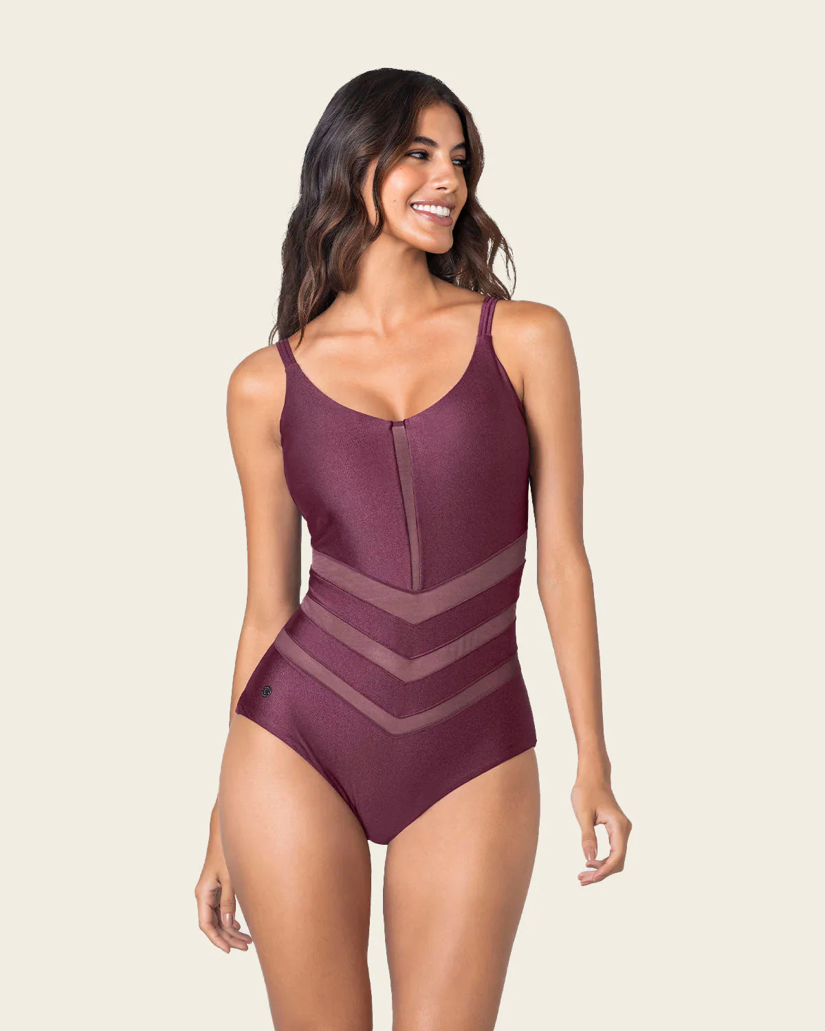 One-Piece Slimming Swimsuit with Mesh Cutouts made of Shiny Fabric