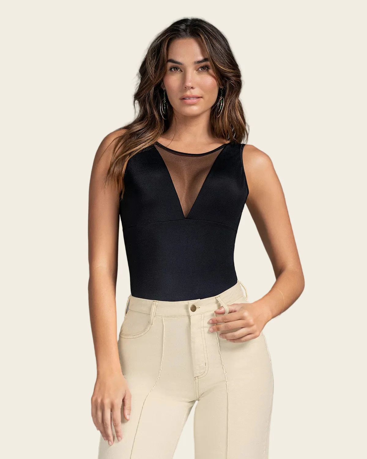 Plunge Shaping Bodysuit with Mesh in Front - Image 3