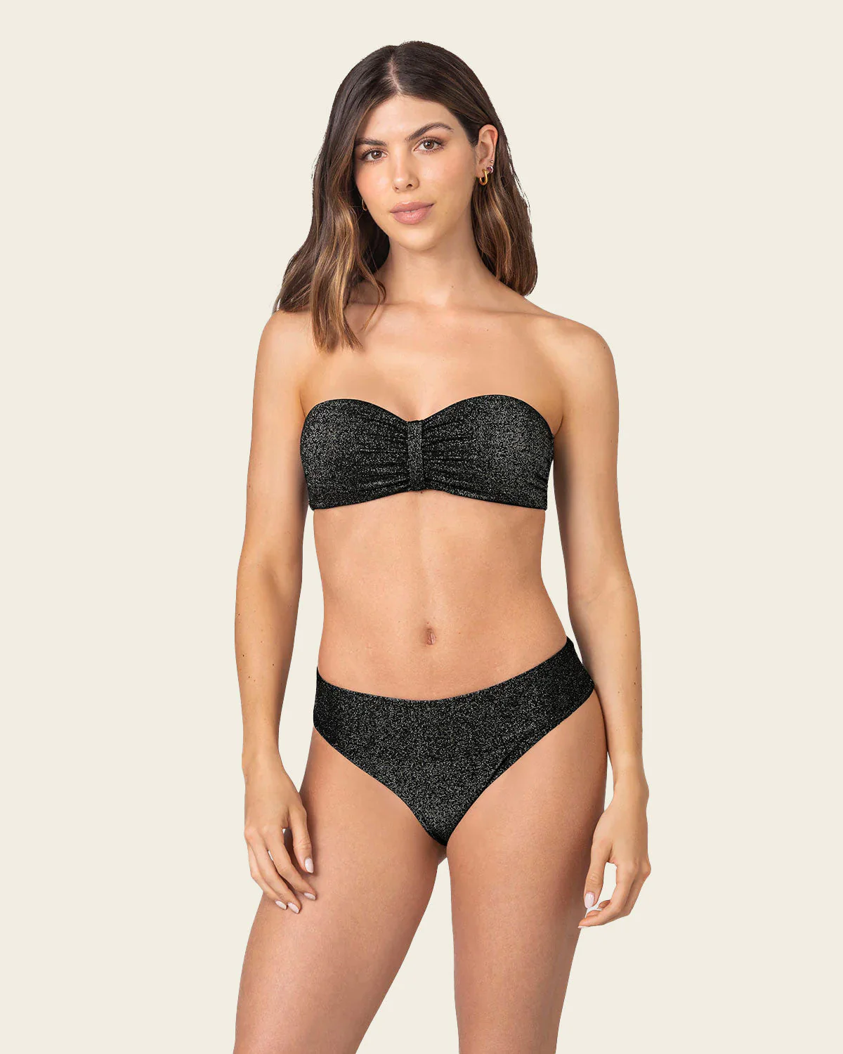 Shiny Bandeau Bikini with High-Leg Bottom