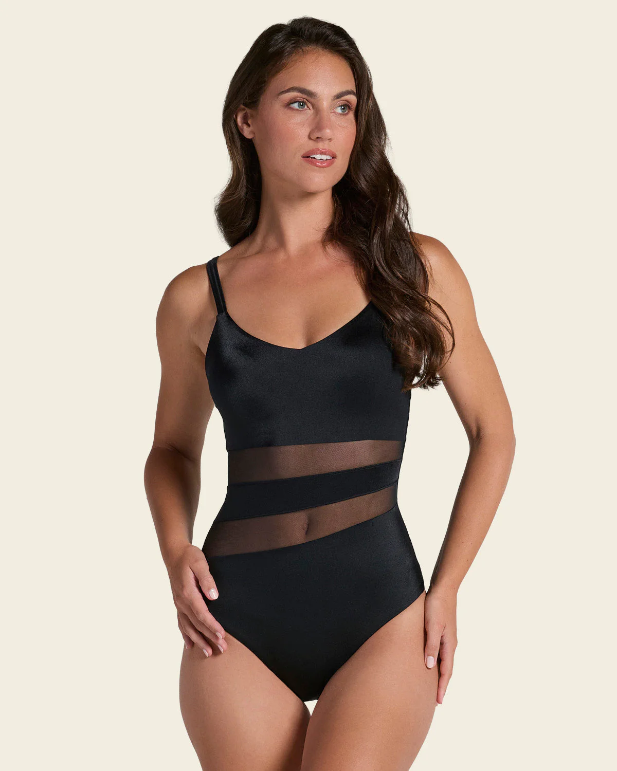 Slimming One-Piece Swimsuit with Strategic Mesh Cutouts and Shiny Fabric