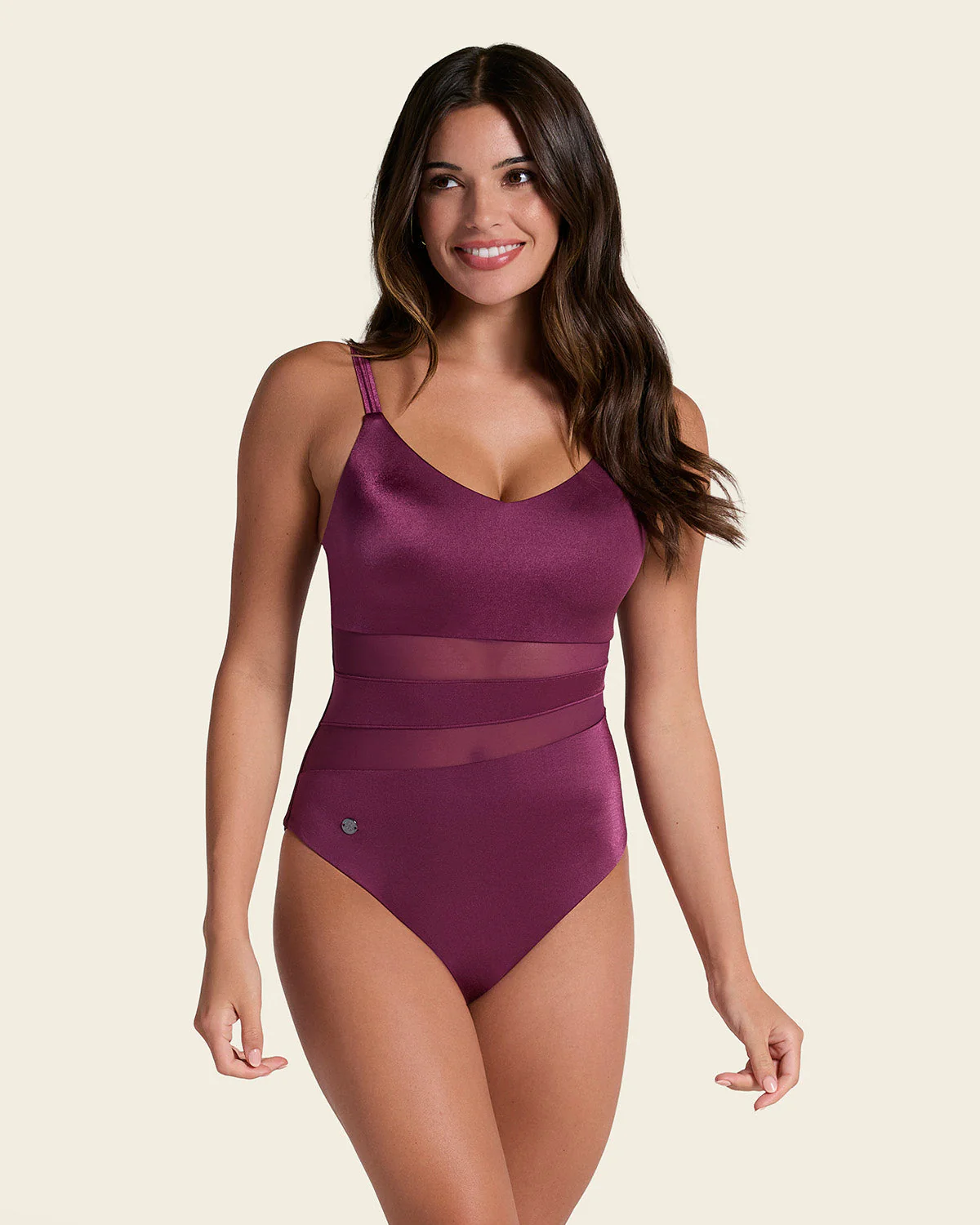 Slimming One-Piece Swimsuit with Strategic Mesh Cutouts and Shiny Fabric - Image 9
